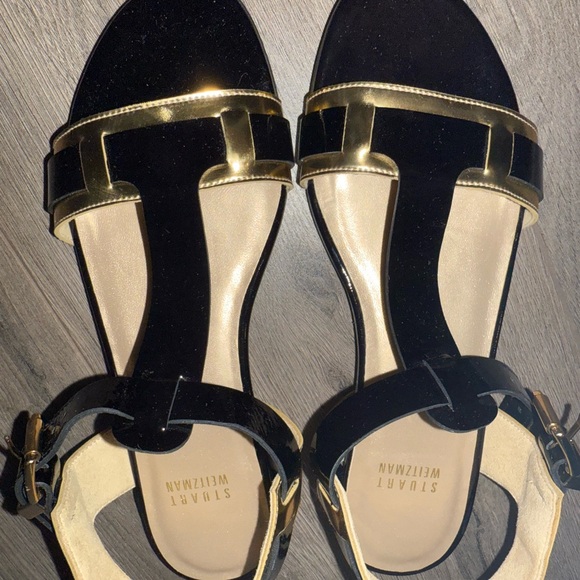 Stuart Weitzman Black and Gold Sandals - Picture 1 of 8
